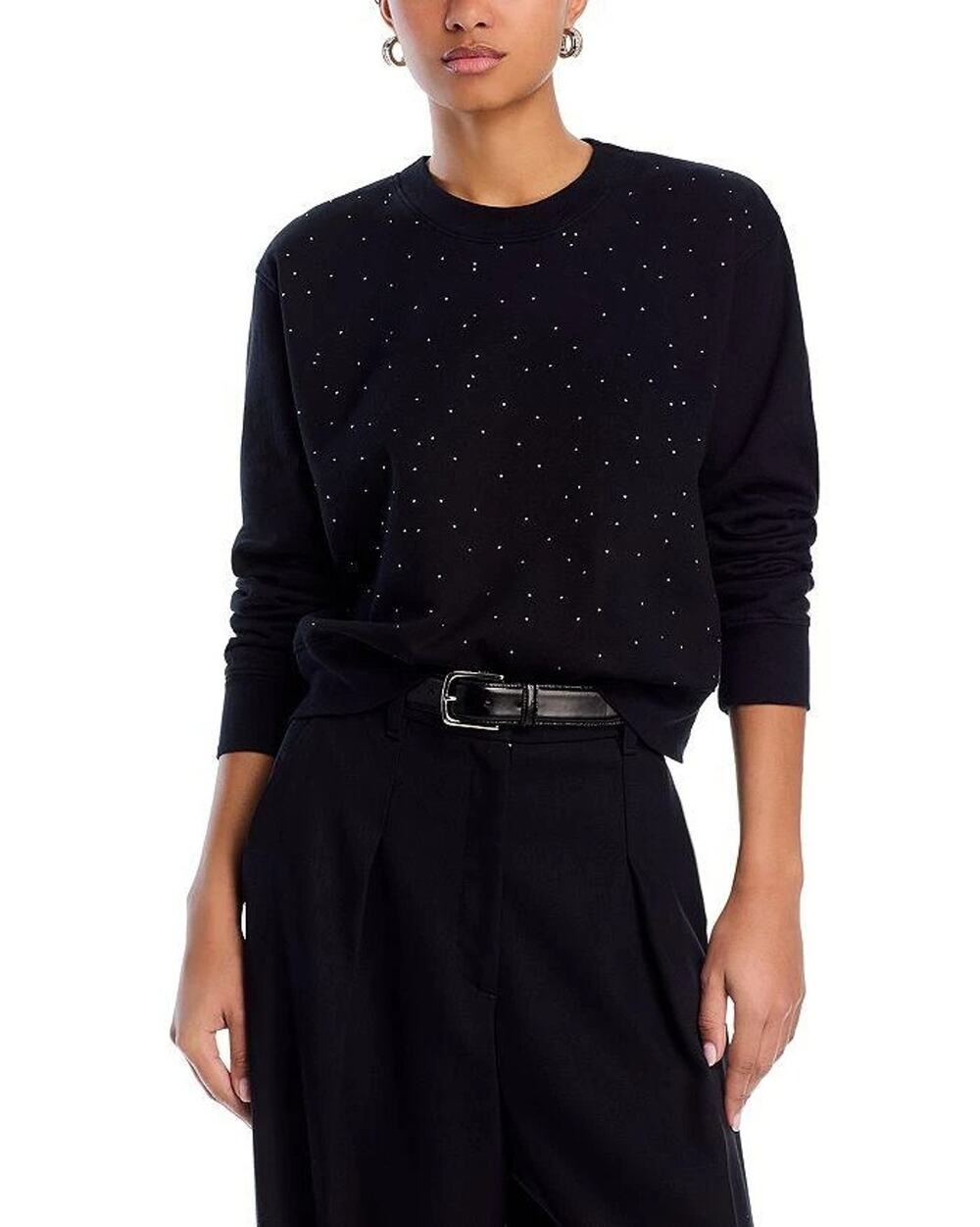 AQUA Women Black Cotton Stretch Sophia Crystal Embellished Sweatshirt Size XS